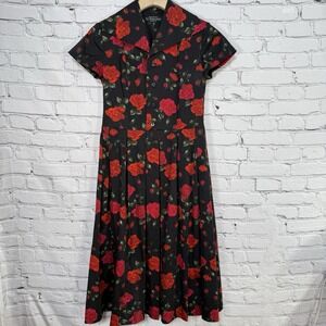 J Peterman Floral Tea Dress Size 4 Roses Pleated Lined Button Placket‎ To Waist